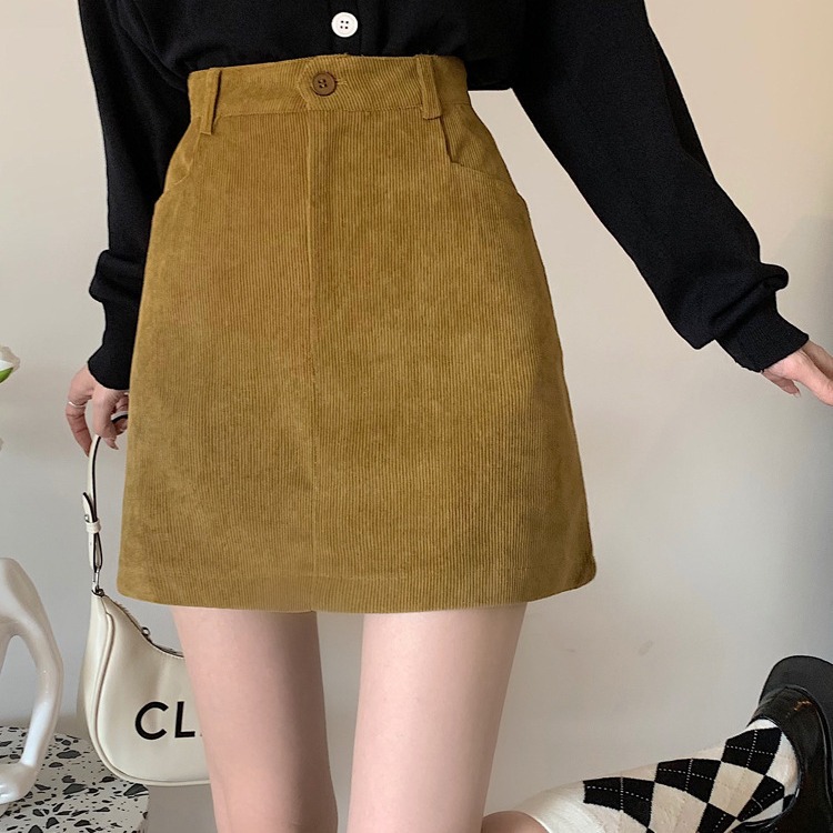 2023 new brown corduroy skirt women's autumn and winter slimming high waist A- line skirt 145 small hip skirt