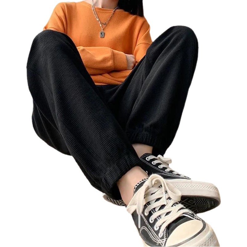 Spring and Summer Waffle Loose Lantern High Waist Women's Leg-tied Pants Casual Large Size Pants Drawstring Sports Pants Pocket