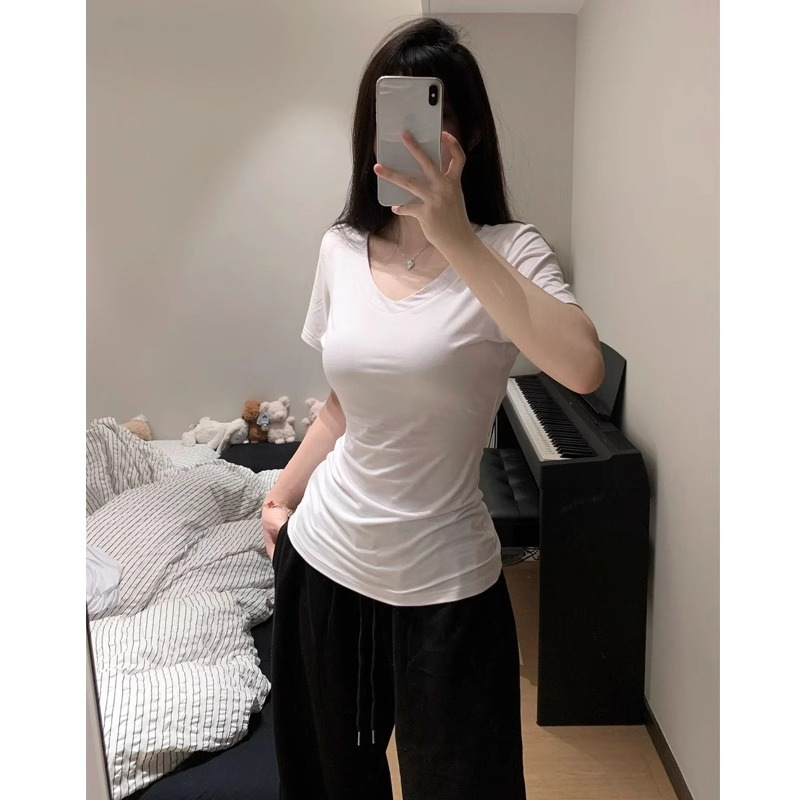 40 Count Cotton V Neck Short-Sleeved T-Shirt for Women 2025 Summer New Slim Fit Sexy American High-Waisted Short Top Trendy