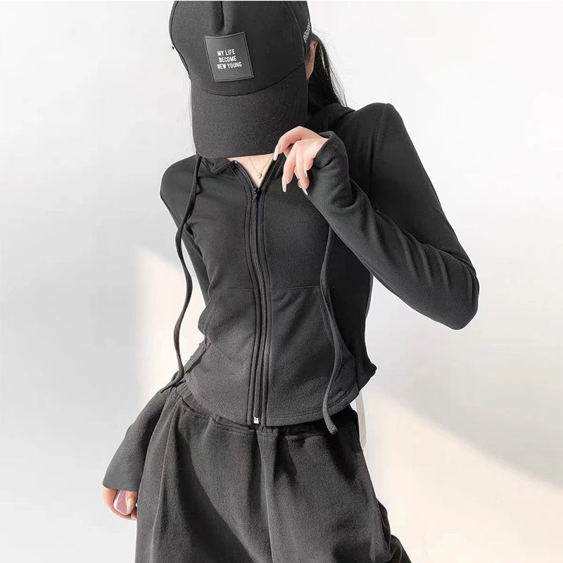 Picture of De velvet hot girl style hooded cardigan sweater coat for women Spring and Autumn slim fit waist slimming long sleeve short top fashion
