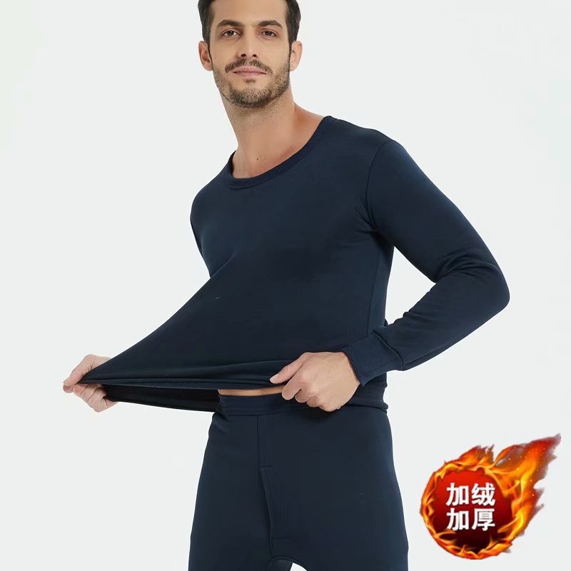 Men's Thermal Underwear Plus Size Autumn Clothes and Pants Round Neck Slim Fit Fleece Export Model Cross-Border Hot Sale