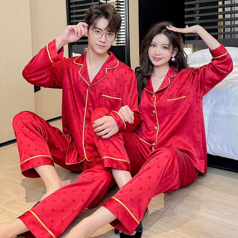 Red Benmingnian Winter New High-end Ice Silk Couple Pajamas suit Pants Wedding Men and Women Outer Wear Home Clothes