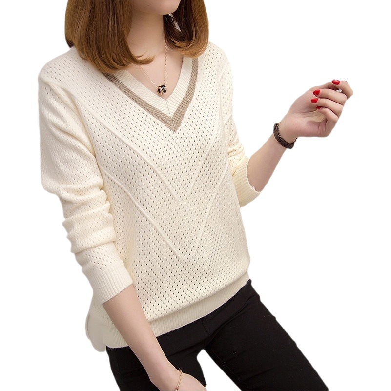Knitted bottoming shirt top short Korean style loose spring and autumn clothing 2024 new long sleeve V-neck women's sweater