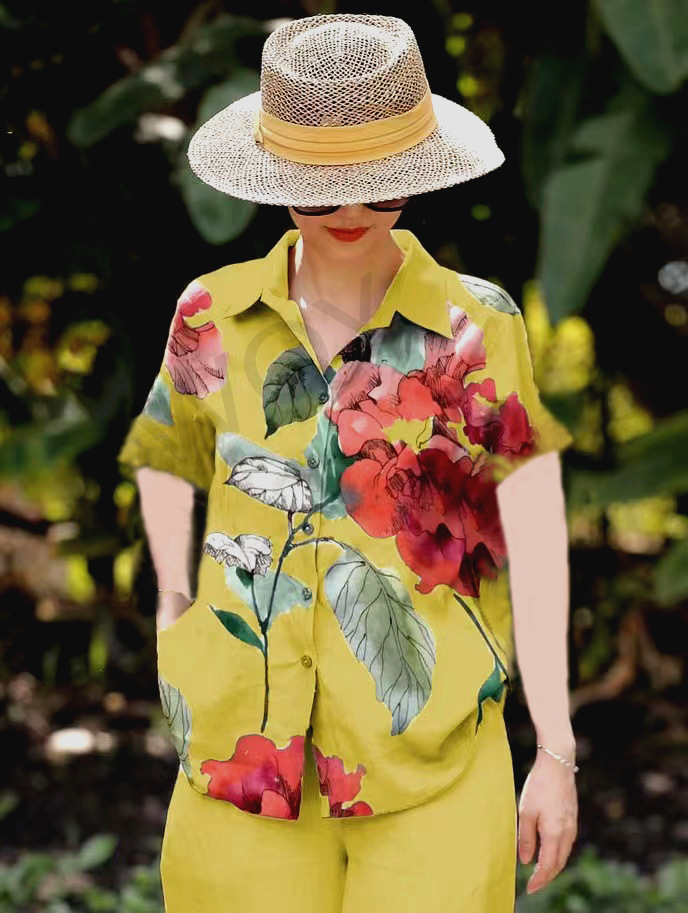 Picture of Amazon Spring and Summer plus size Loose chubby girl Elegant Casual Stylist Age-reducing Printed Shirt with Short Sleeve Lel