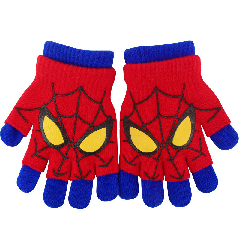 Picture of Children's Gloves Winter Warm Double Layer Boys' Cartoon Sub-finger Half-finger Baby Five-finger Writing Two-piece Set Anti-freezing Hand