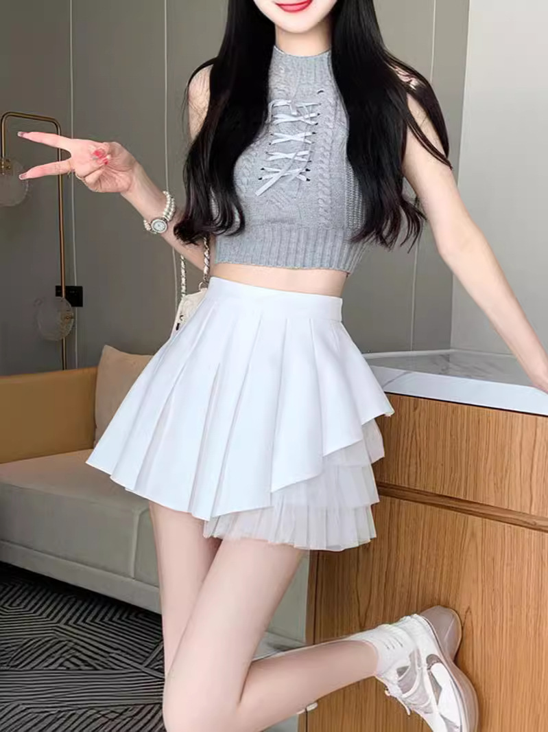 2024 New Summer White Mesh Pleated Skirt High Waist A- Line Slimming Skirt Fairy Design Skirt