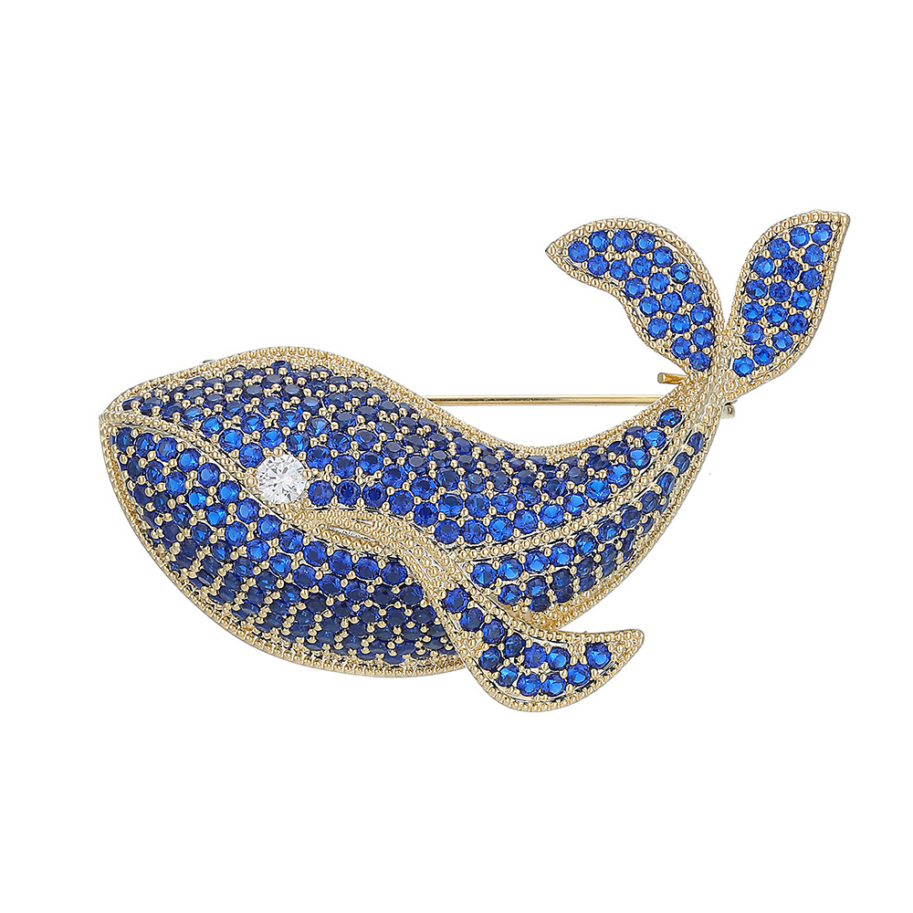 Picture of Korean-Style Copper Inlaid Diamond Fashion Elegant Blue Whale Brooch Temperament Animal Pin Collar Pin Sweater Suit Lapel Pin