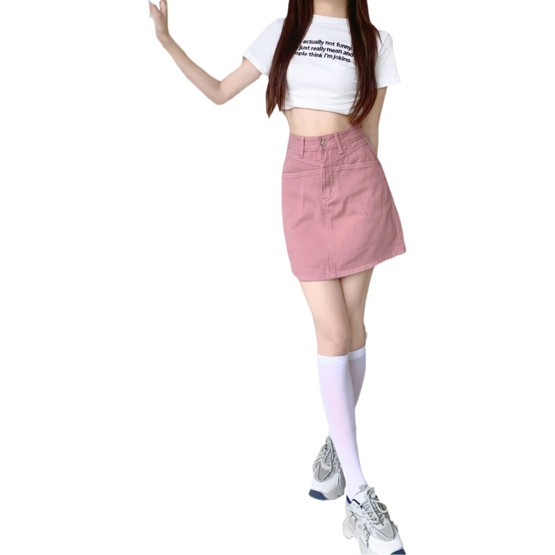 Pink Denim Short Skirt Women's Spring 2024 New High Waist Slimming Anti-glare A- line Skirt Pants Hip Skirt Skirt