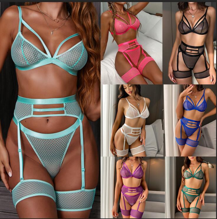Amazon eBay AliExpress wish European and American Hot Women's Comfortable Soft Lace Perspective Women's Fun Three-piece Set