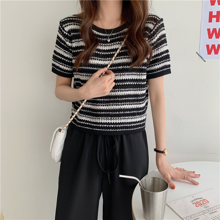 Black and white striped sweater summer women's thin loose slimming versatile round neck short sleeve short top with high waist pants