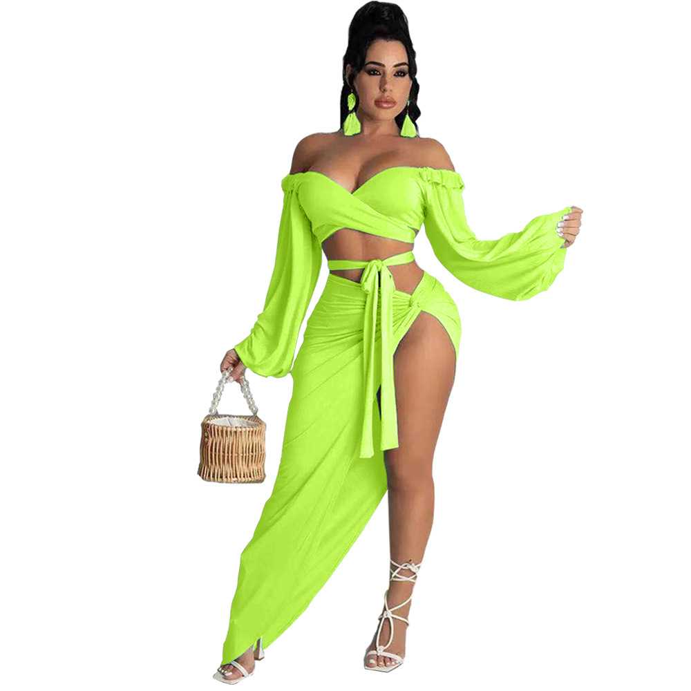 Picture of 2021 Summer Elegant Commuter Green Long Sleeve Chest Wrap Knitted Fashion Loose Solid Color Dress BQ19186