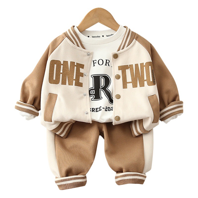 Children's autumn three-piece suit manufacturers wholesale boys color matching English letter printed long sleeve coat comfortable trousers