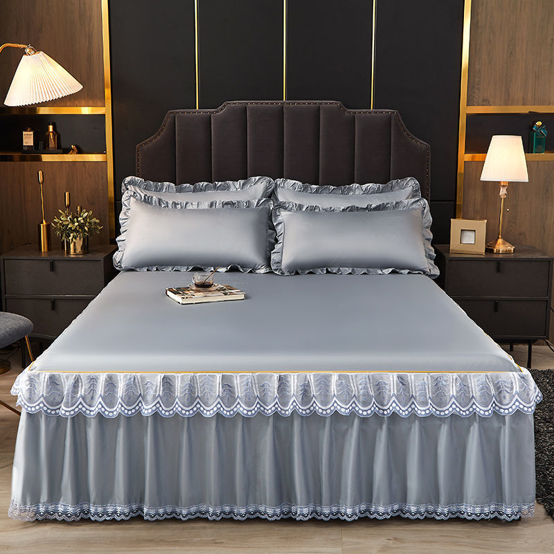 Ice silk mat bed skirt three-piece set summer mat household bed sheet bed cover set one-piece mat machine washable foreign trade wholesale
