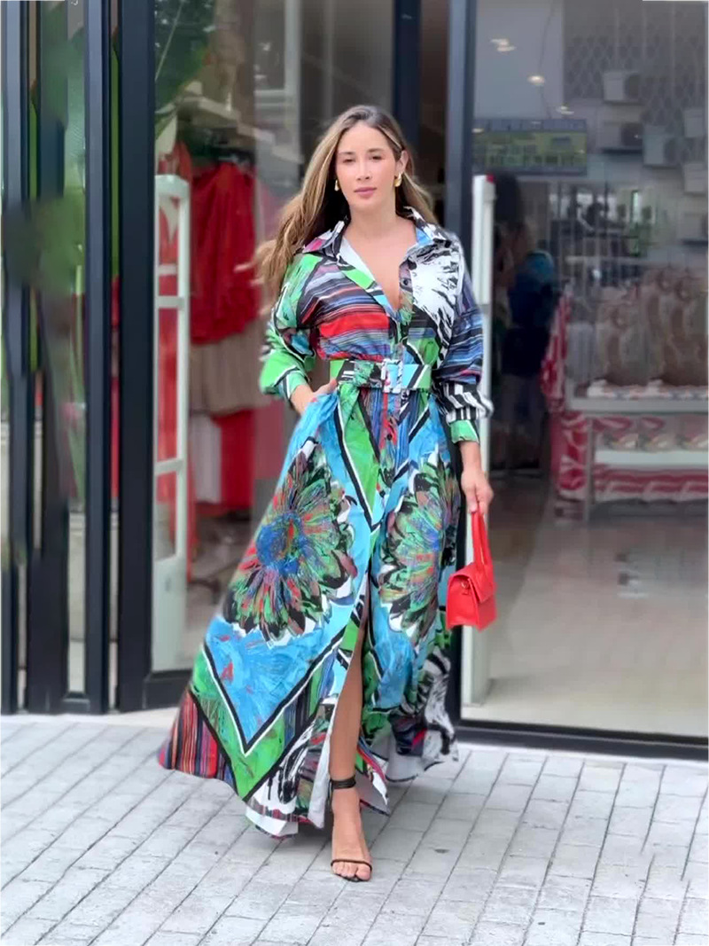 Amazon independent station Foreign Trade European and American new printed dress long-sleeved cardigan belt dress