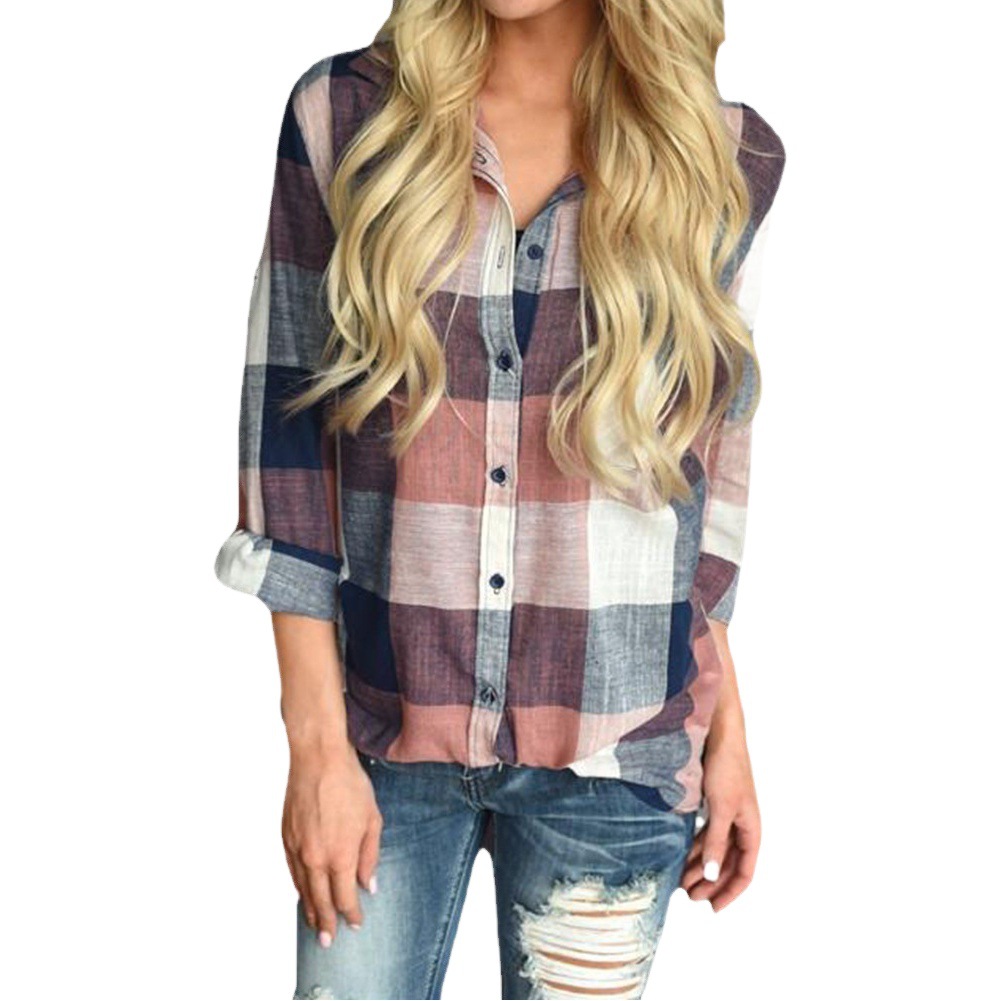 Cross-Border Women's Spring Plaid Shirt Popular Amazon European and American Lapel Casual Long-Sleeved Plaid Shirt Top 1311
