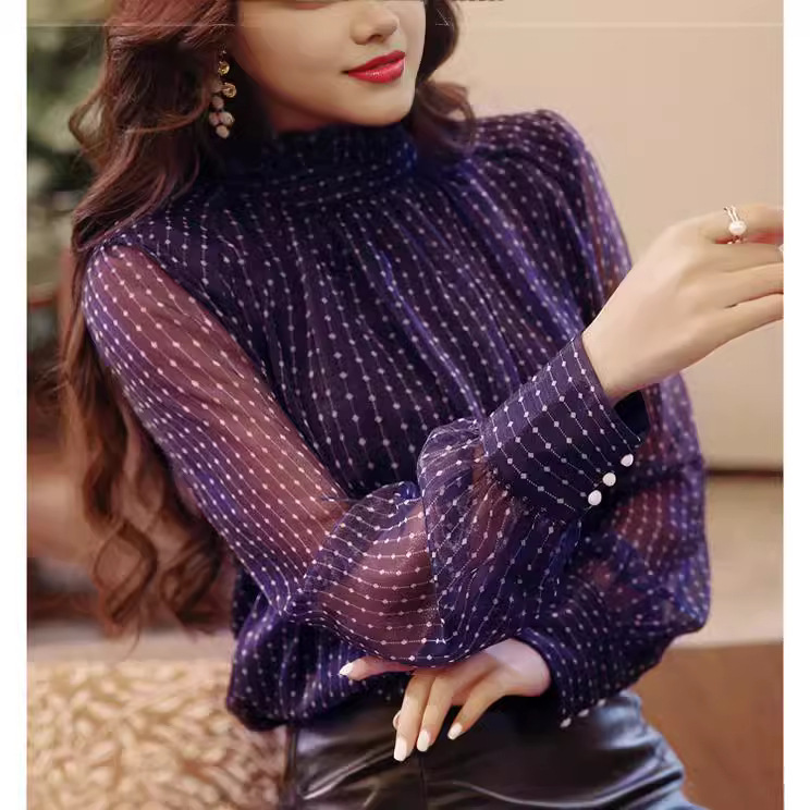 Spring New Style Small Shirt Spring Top Polo Dot Western Style Lace Base Shirt