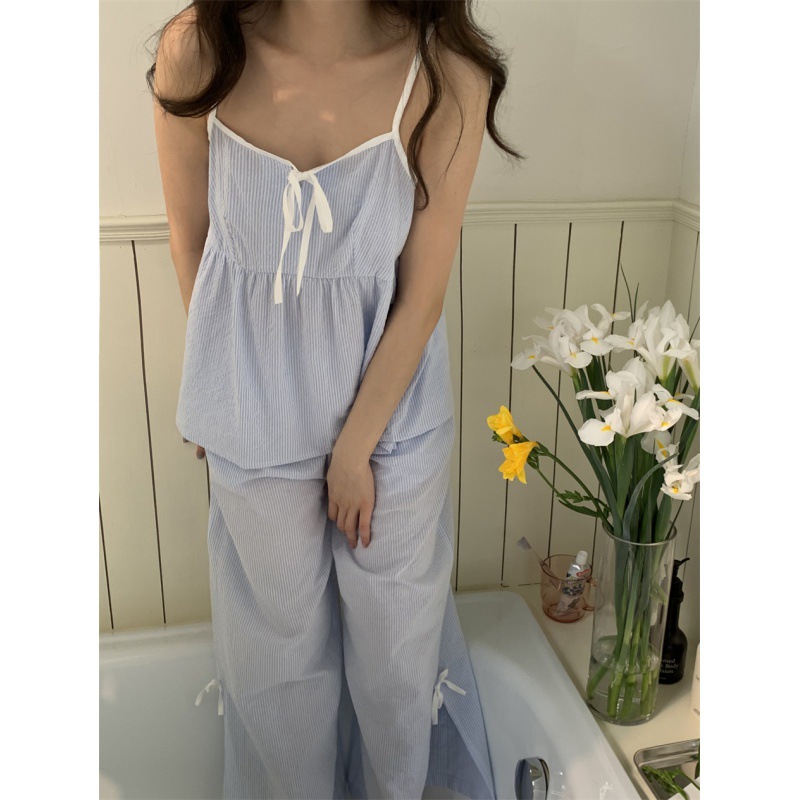 Real shot 2024 summer ins Korean style small fresh striped suspender trousers living clothes can be worn outside pajamas suit women
