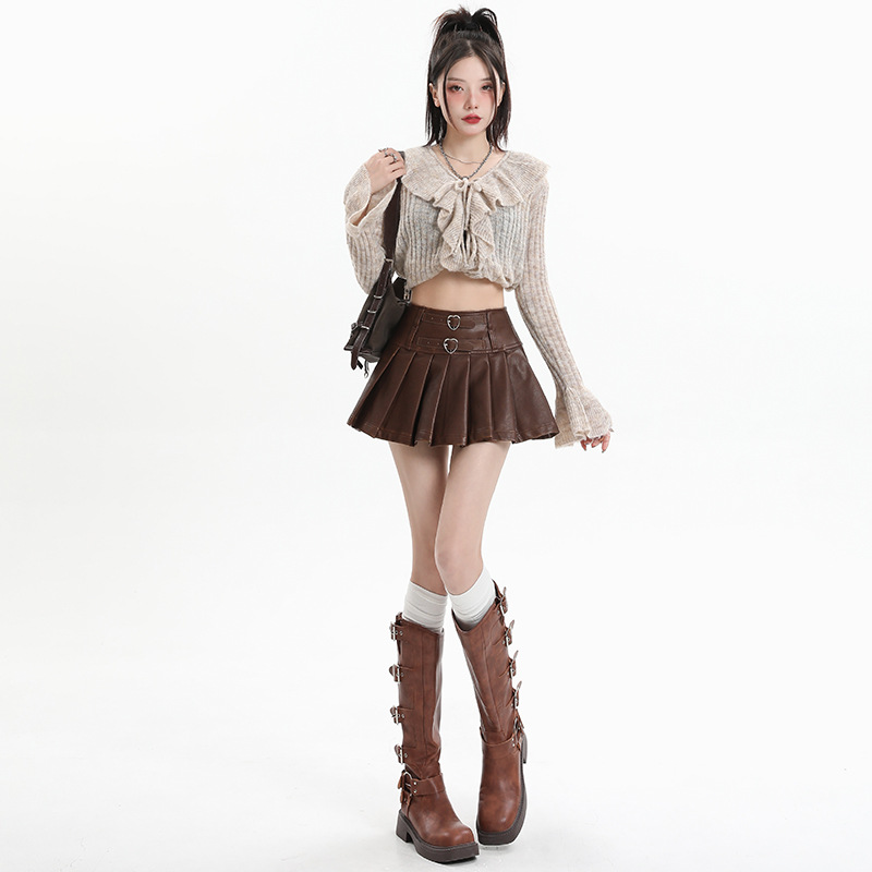[Today Yin] Maillard Brown Skirt Sweet Cool Spice Girl Style Love Leather Buckle High Waist Pleated PU Leather Skirt