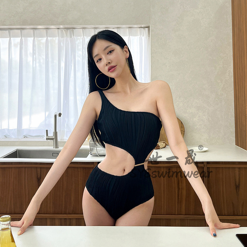 5 Color Swimsuit Women's One-body Slim Look Fashionable Style Embossed One-shoulder Sexy Backless Small Chest Black and White Hot Spring Swimsuit