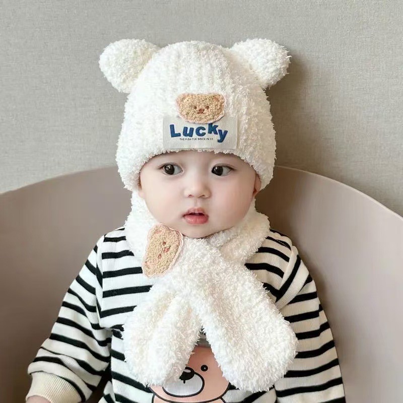 Picture of Winter New Baby Hat Baby Hat Children's Warm Knitted Plush One Hat Two-piece Set for Boys and Girls