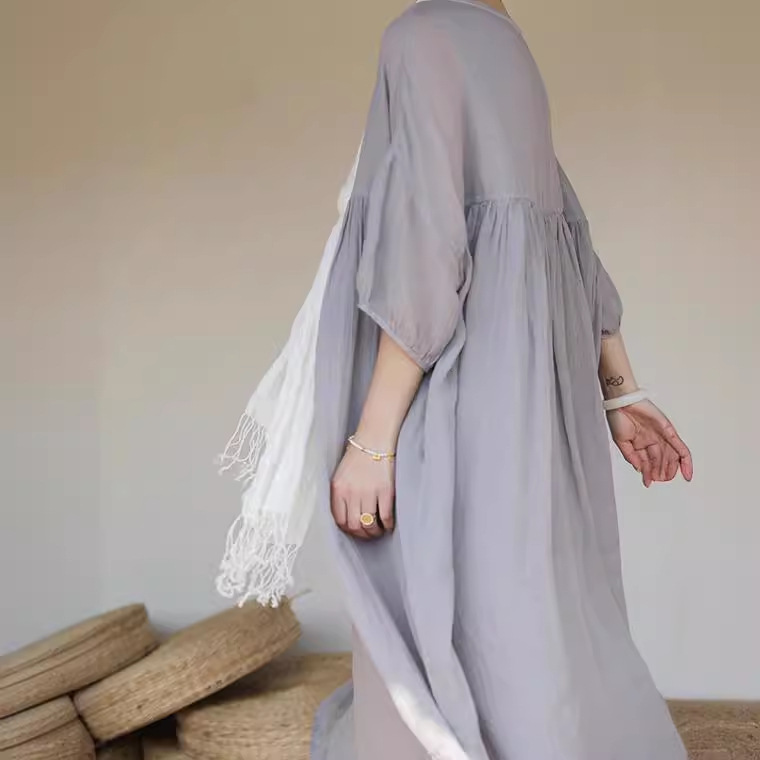 Picture of 2024 New Cotton and Linen Cross-border Loose Pleated Solid Color Round Neck Short-sleeved Women's dress