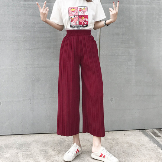 Picture of Spring and Summer Pleated Wide Leg Pants Women's High Waist Slimming Casual Pants Korean-style Large Size Nutty Black Ankle-length Pants