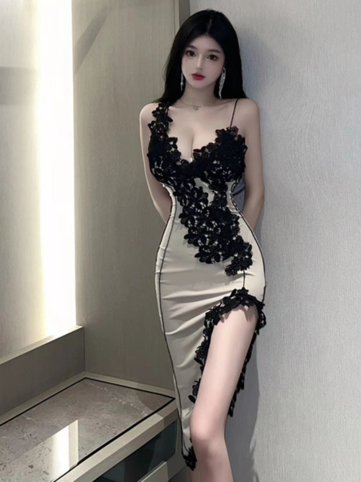 Lace Splicing Suspender Dress Women's Summer V-Neck Sexy Slit Long Skirt Asymmetrical Style Skirt