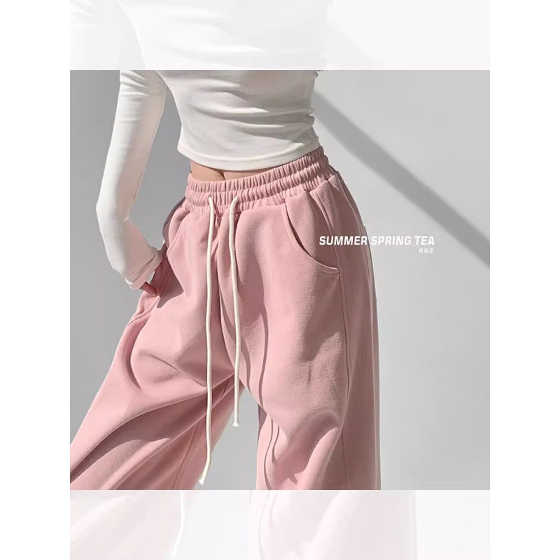 Summer Spring Tea Pink American Sports Pants Women's Autumn and Winter fleece-lined Thickened Spice Girls Casual Straight Pants High Waist Wide Leg Pants