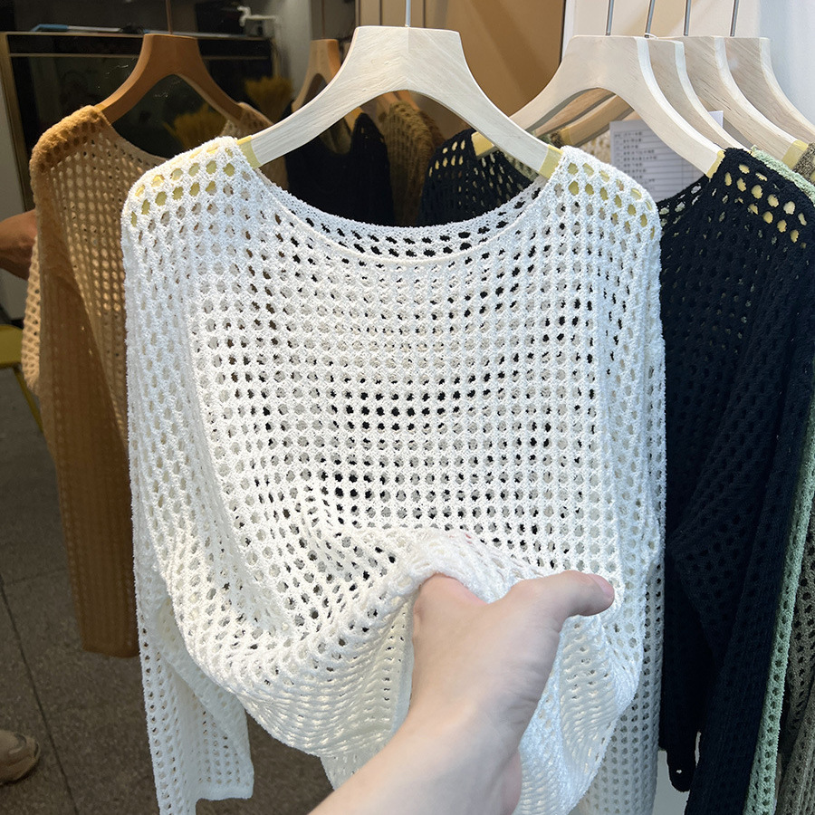European Long-Sleeved Cut Out Knitted Mesh Shirt Thin Mesh Sun Protection Blouse Autum New Mesh Outer Women's Top
