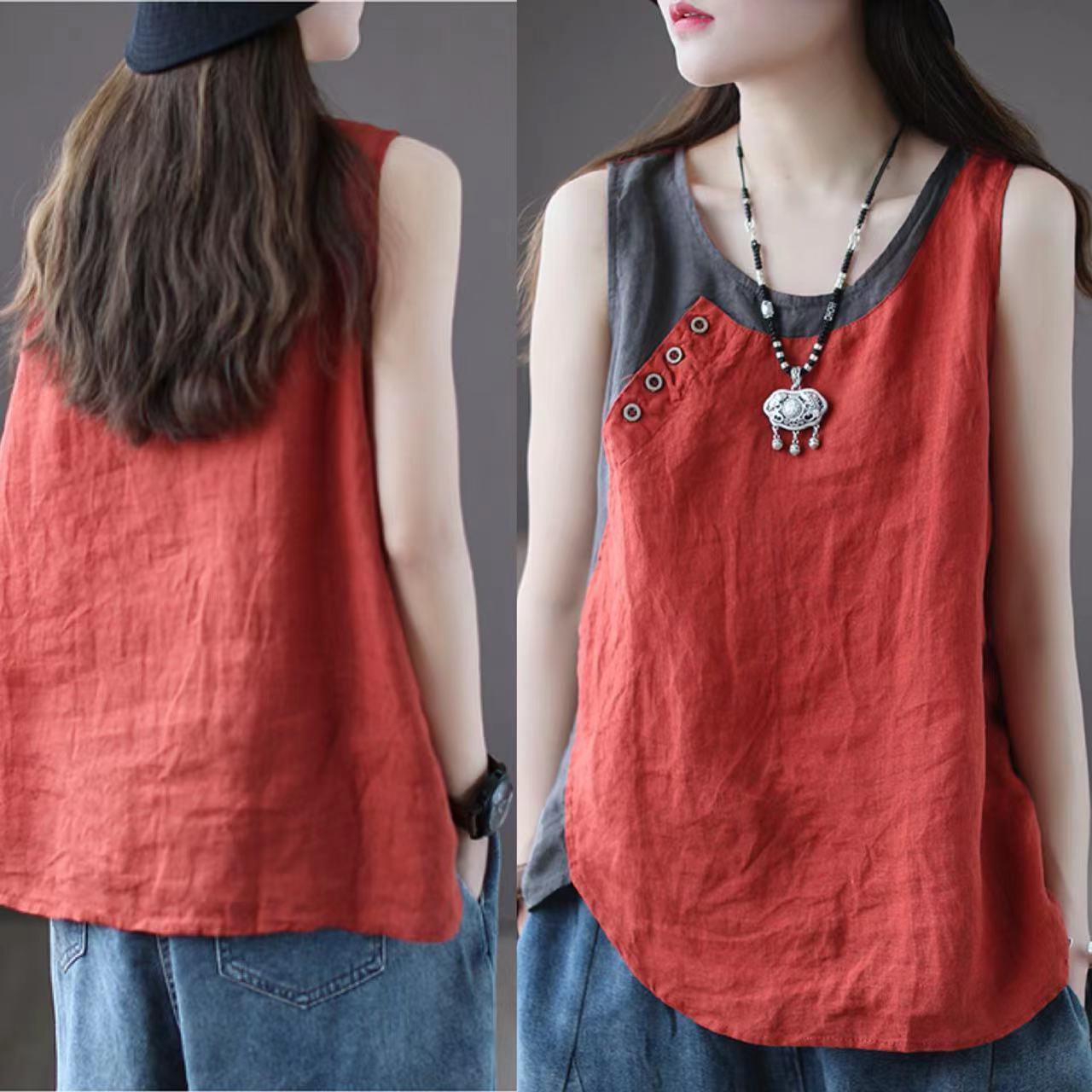 95 Cotton and Linen 2022 Summer New Loose Camisole Women's Thin Asymmetric Top Button Decoration Stitching
