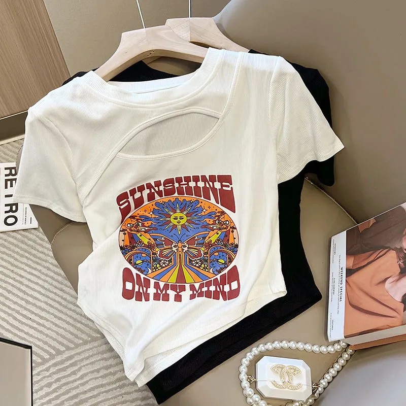 Black Short-sleeved T-shirt Women's Summer Thin Design Niche Korean-style Simple Letter Printed Slim-fit Short Top