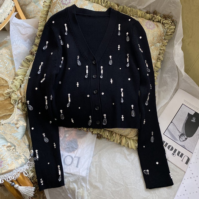 Picture of Miu Style Beaded Diamond Long-Sleeved Knitted Cardigan V Neck Versatile Black Slimming Look Spring New Short Sweater for Women