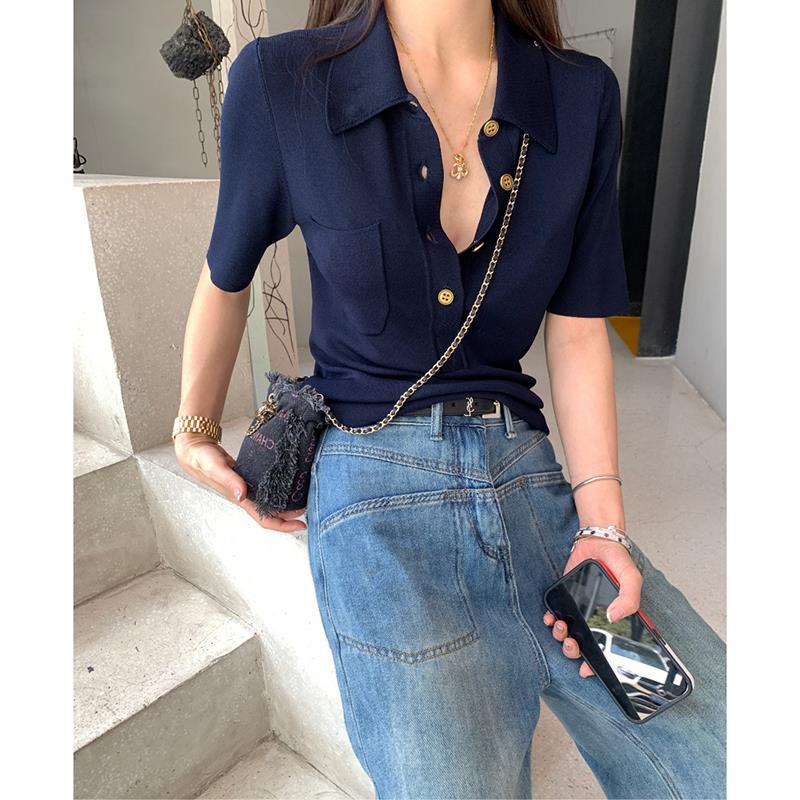 Picture of Cross-border Knitted Short-sleeved T-shirt Women's Summer Chic Unique High-end Sense Design Sense Niche Polo Shirt Elegant Top