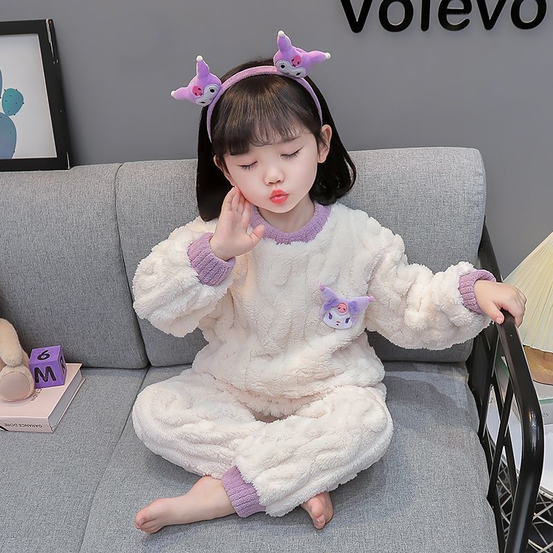 77357 Girls' Pajamas Home Clothes Children's Flannel Coral Fleece Thickened suit Winter Two-piece Set