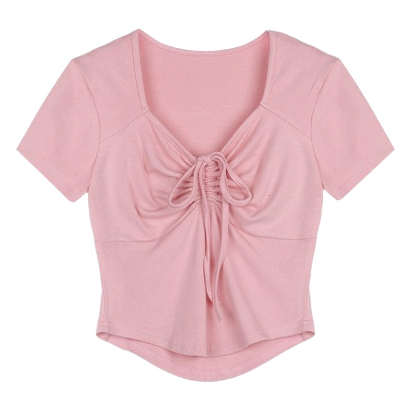 Short-sleeved T-shirt summer women's clothing new Korean style pure hot girl design drawstring square collar slim slimming short top