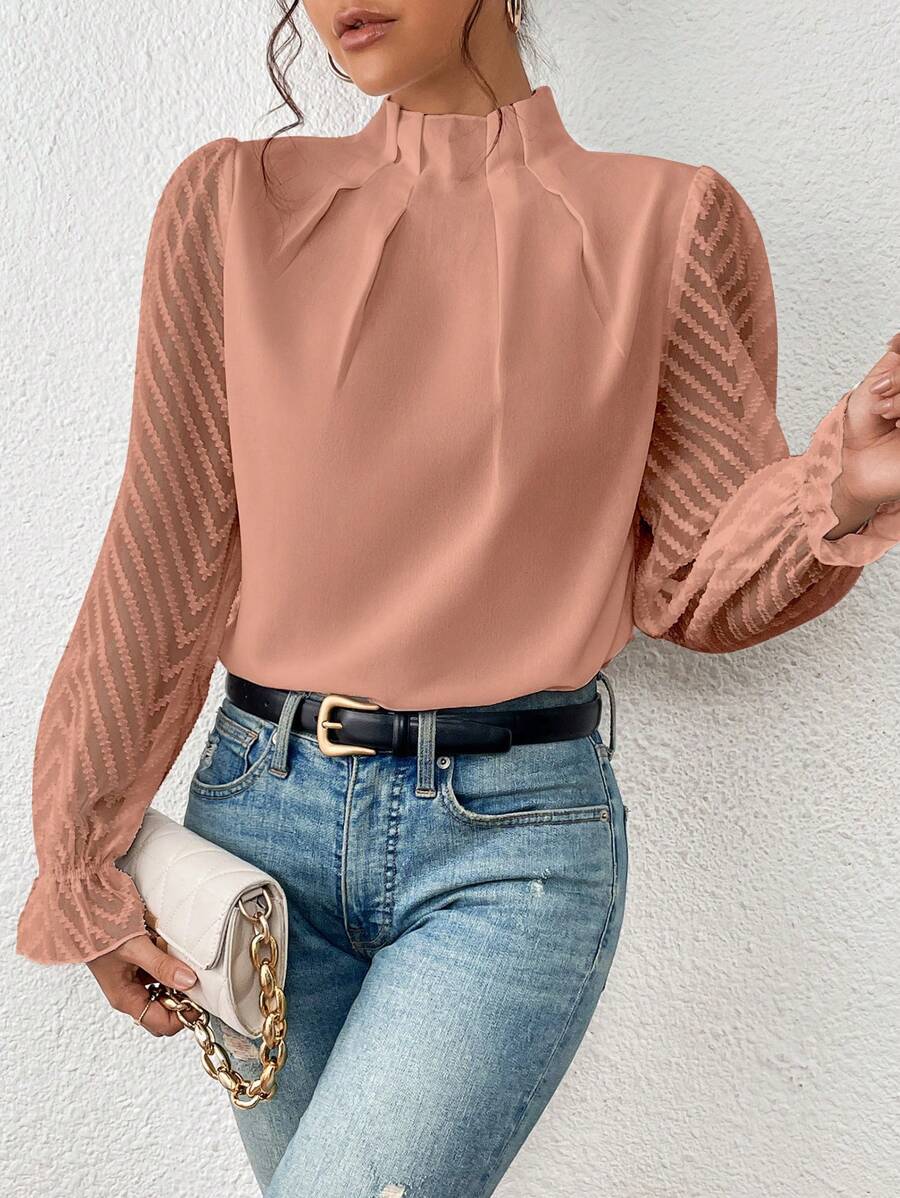 Picture of 2024 Europe and the United States Amazon cross-border women's autumn and winter new half-high collar stitching wave chiffon long sleeve top