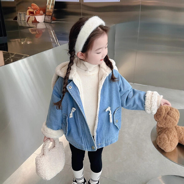 Picture of Korean Children's Winter New Girl Rabbit Ears fleece-lined Thickened Denim Coat Baby Imitation Rabbit Hair Warm Clothes