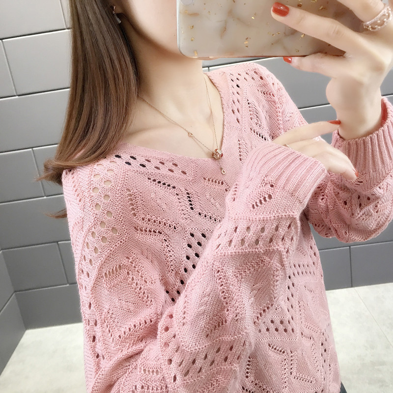 Spring and Autumn Wear 2024 New Knitted Base Shirt Thin Hollow Long Sleeve Short V-Neck Women's Sweater Loose Top