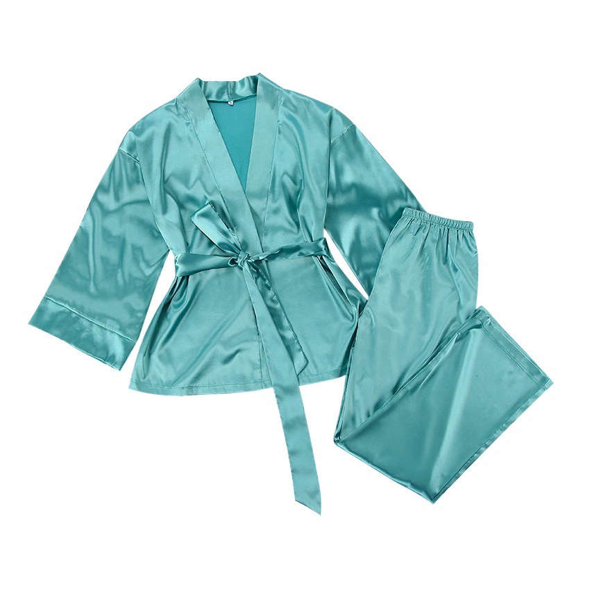 2025 Spring European and American Satin Satin Cardigan Lace-Up Nightgown Pajamas Pure Color Home Suit Loose Women's Pajamas