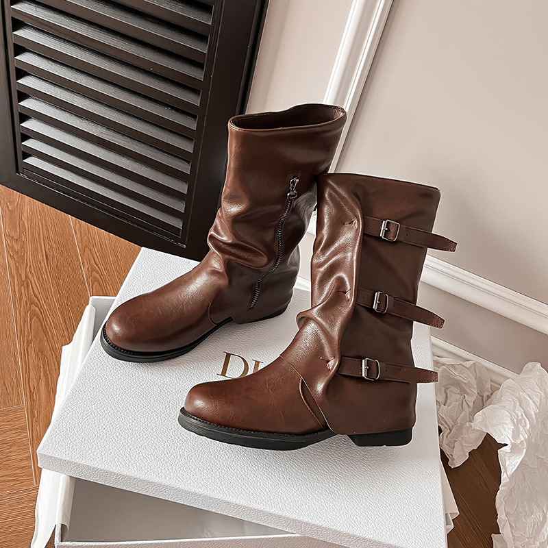Picture of Belt Buckle Pleated Mid-Boots Women's Autumn and Winter Outer Wear Retro Punk Side Zipper trouser Boots Western Style Cowboy Boots