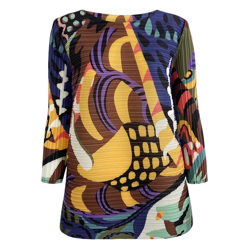 Design Sense Niche Pleated T-shirt Round Neck Casual 2025 Spring Loose Women's Graffiti A- Line Skirt Top Women's Spring