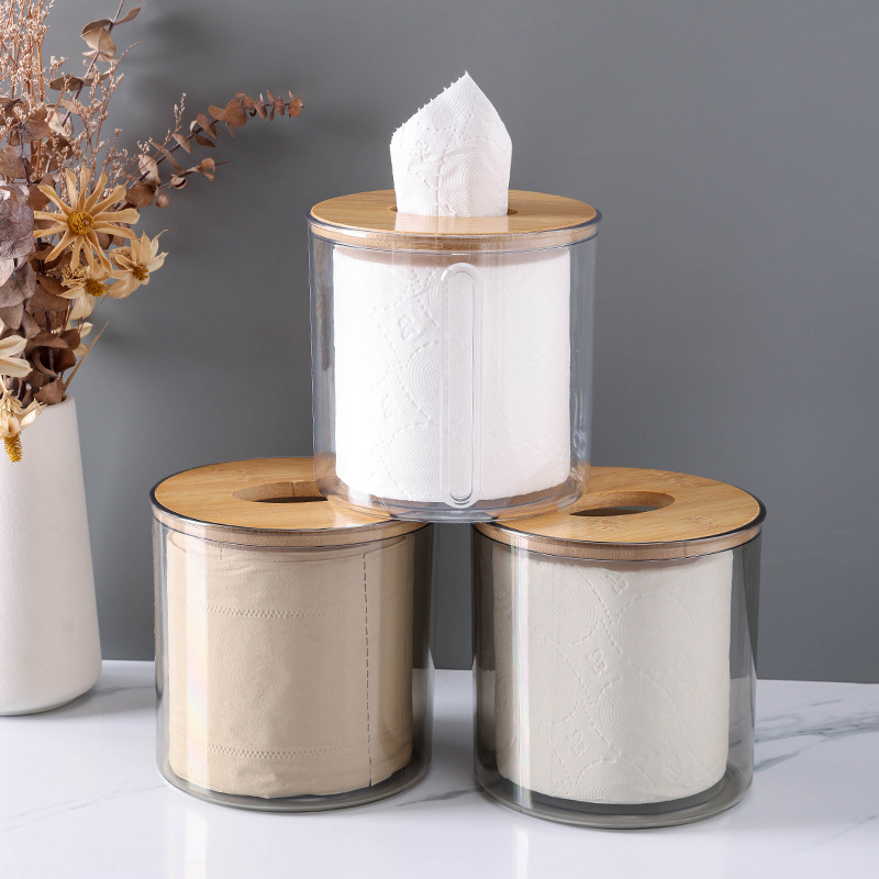 Bamboo and Wood Tissue Box Living Room Desktop Storage Wall Hanging Simple Transparent Cross-border Lid Dustproof Paper Roll Paper Box