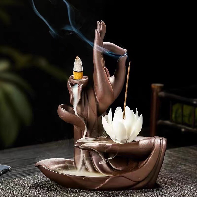 Picture of Buddha's Hand Lotus Incense Burner Sandalwood Tower Incense Purple Sand Incense Burner Crafts Creative Ornaments Indoor Backflow Incense Burner Cross-Border