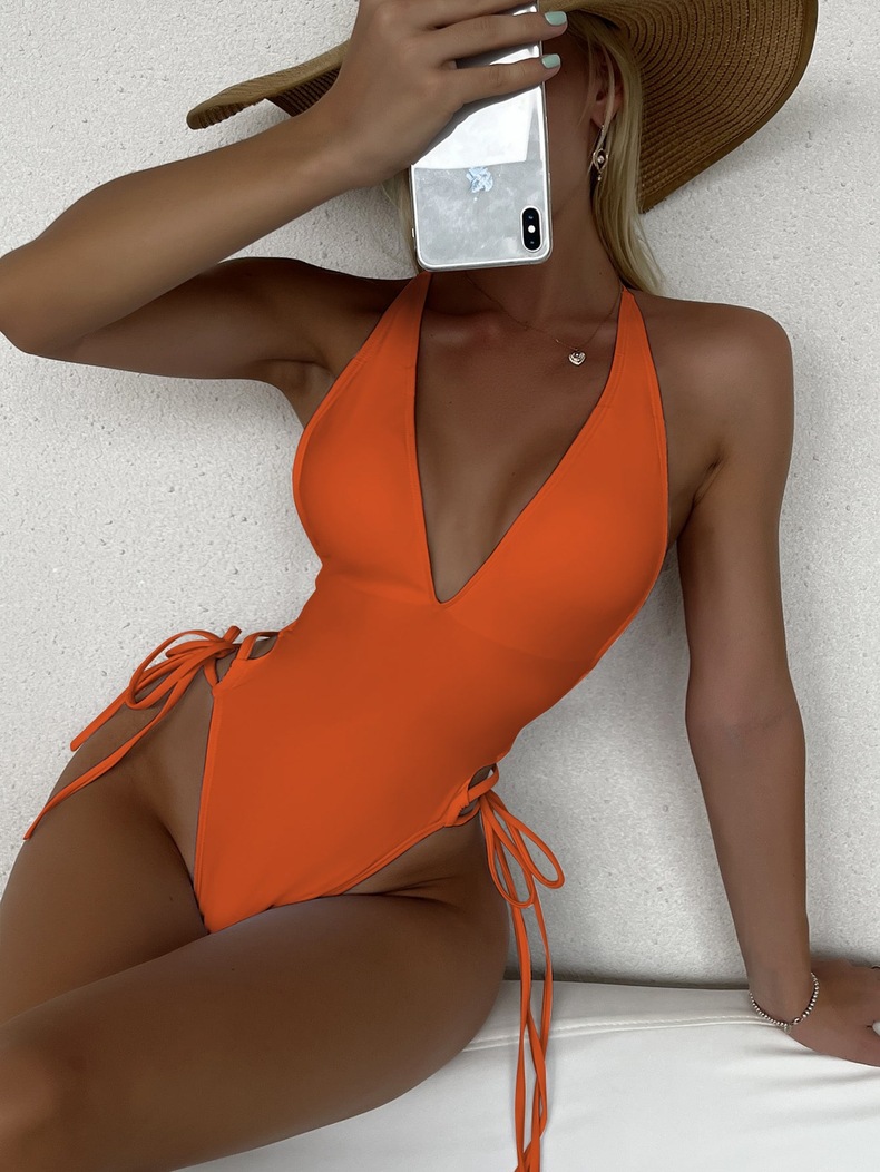 Picture of Cross-Border European and American Pure Color Deep V Sexy Bikini One-Piece Swimsuit Women's High-End Bikini Beach Spa Swimsuit