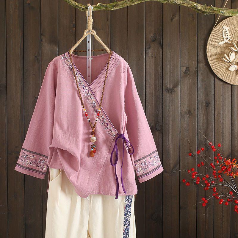 Chinese style women's clothing heavy-duty embroidery artistic cotton and linen loose shirt Women's pullover lace-up spring and summer tea clothes top women