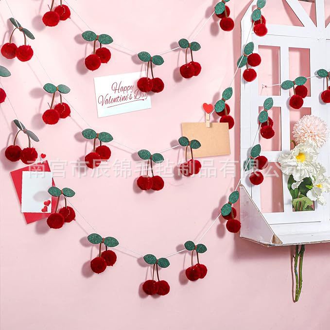 Cross-Border Valentine's Day Pom-Pom Felt Cherry Wreath Decoration Artificial Fruit Hanging Birthday Wedding Holiday Gift