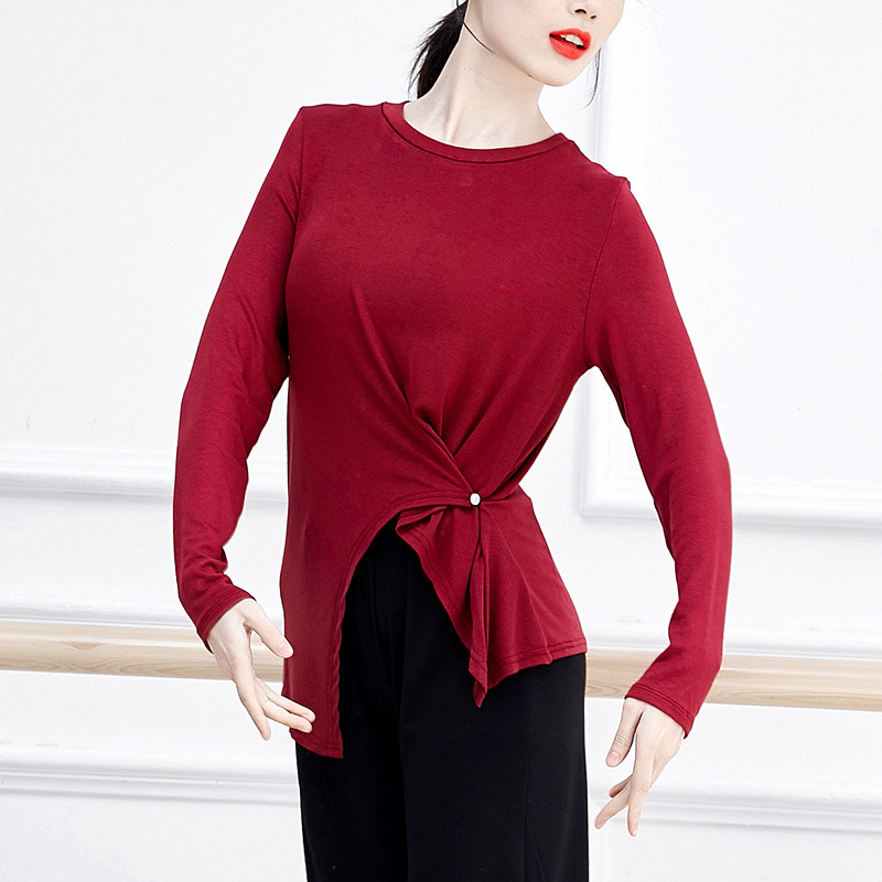 Picture of Buttoned Ethnic Square Jazz Training Top for Adults, Modern Dance Practice Clothing for Women, Versatile Solid Color