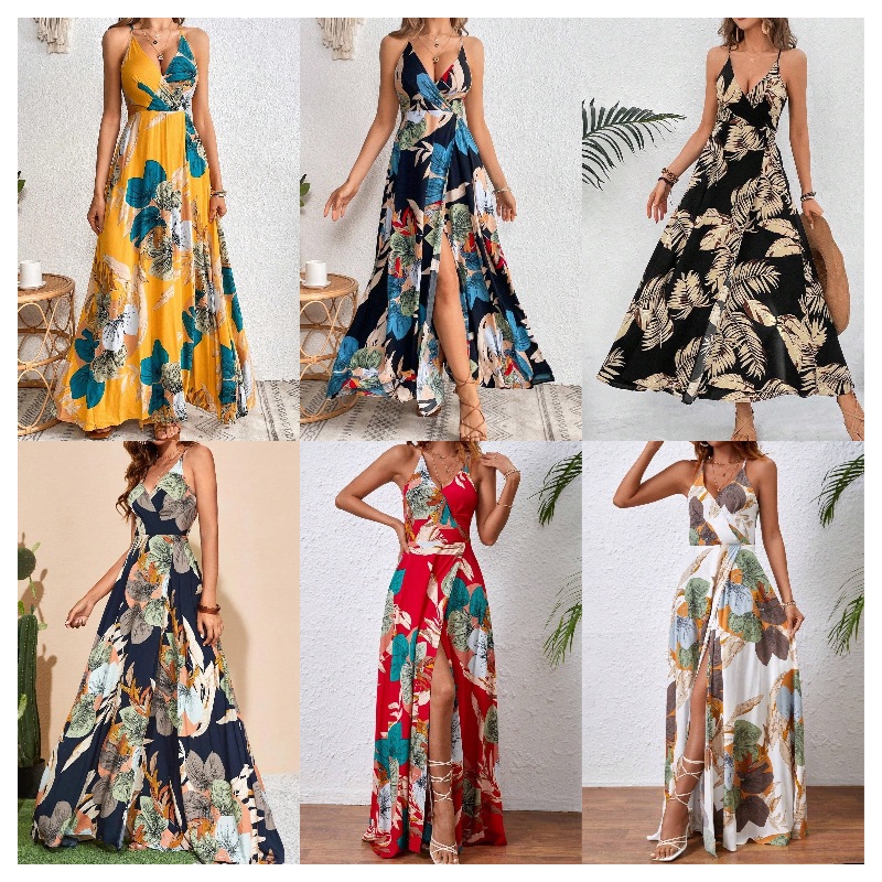 Real shot in stock 2025 foreign trade cross-border single best selling European and American tropical printing thigh bifurcation sling dress long