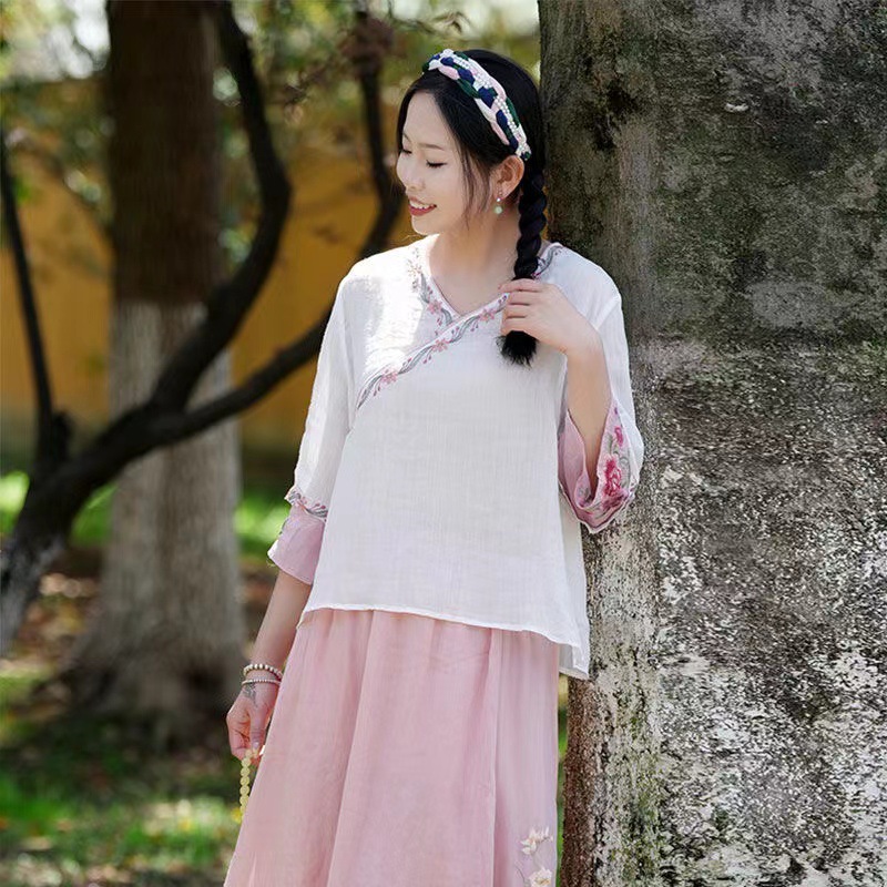 Cotton and linen slant placket button Chinese style pullover cropped shirt sleeve women's spring and autumn new vintage Chinese style improved shirt