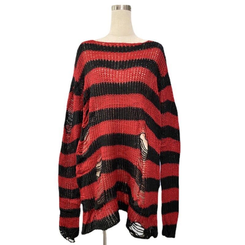 Picture of Mohair New European and American Export Loose Stripesd Knitwear Women's Mid-Length Pullover Hole Thin Cross-Border Knitwear
